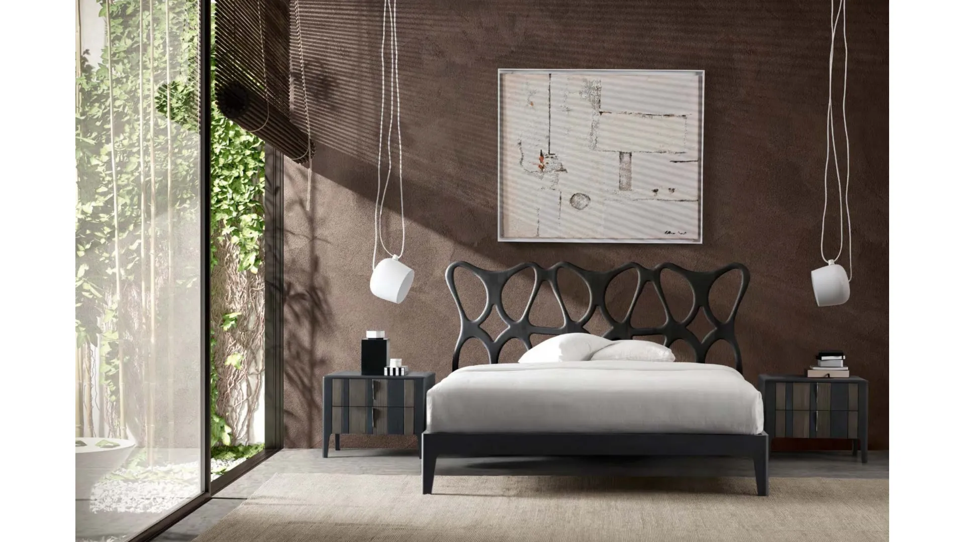 Letto Pedrera in legno finitura antracite con testiera di Modesign