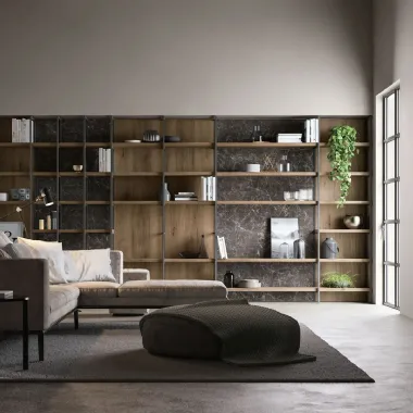 Libreria Living Kronos in metallo e laminato effetto legno e effetto marmo di Arredo3