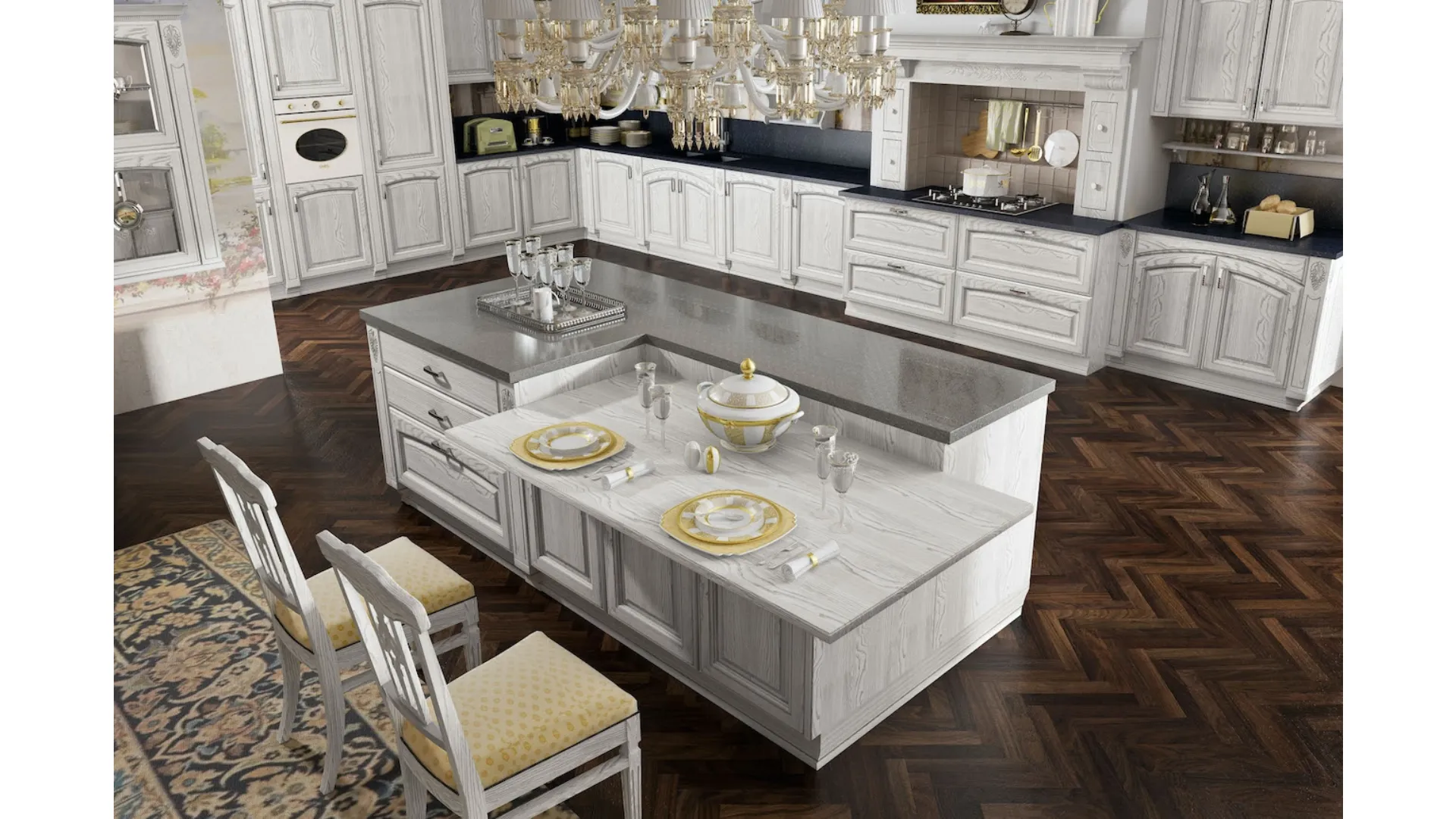 Cucina Classica angolare con isola Gold Elite 07 in impiallacciato Frassino finitura Bianco Argento di Home Cucine