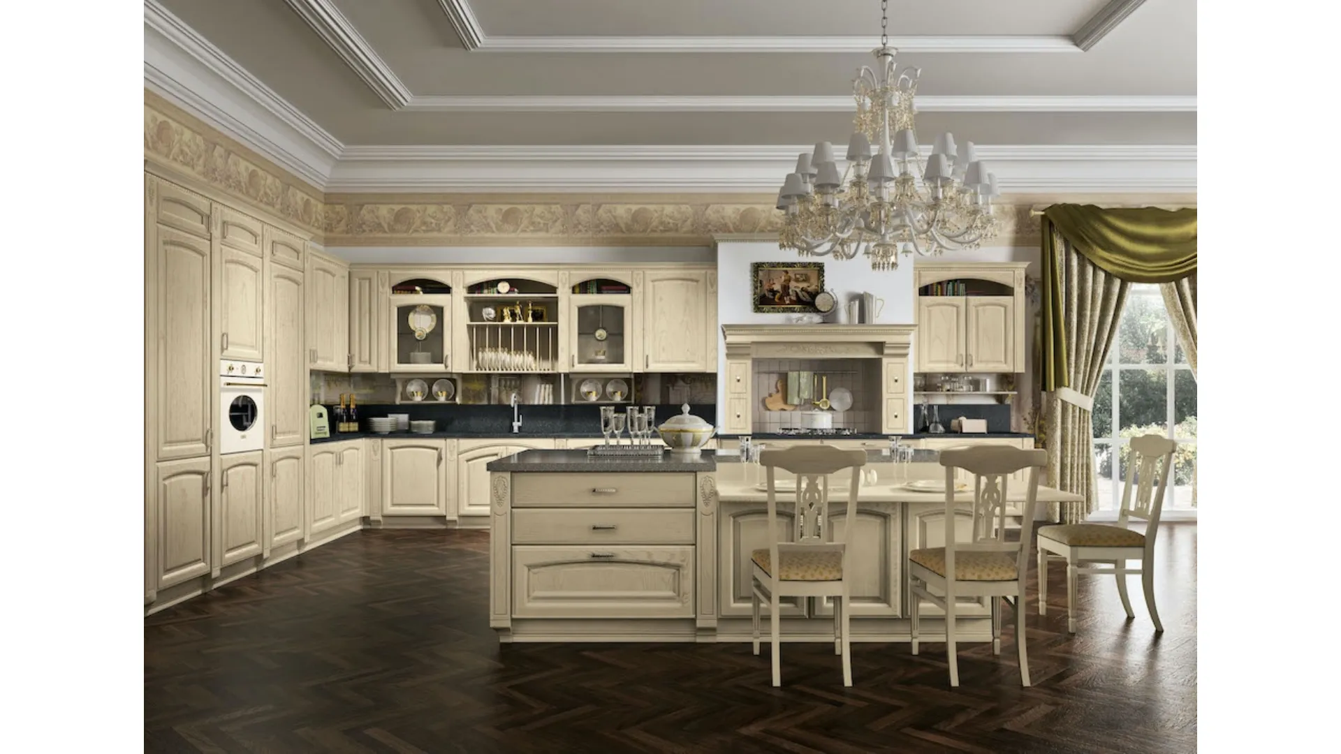 Cucina Classica angolare con isola Gold Elite 09 in impiallacciato Frassino finitura Styledecapè e vetro di Home Cucine