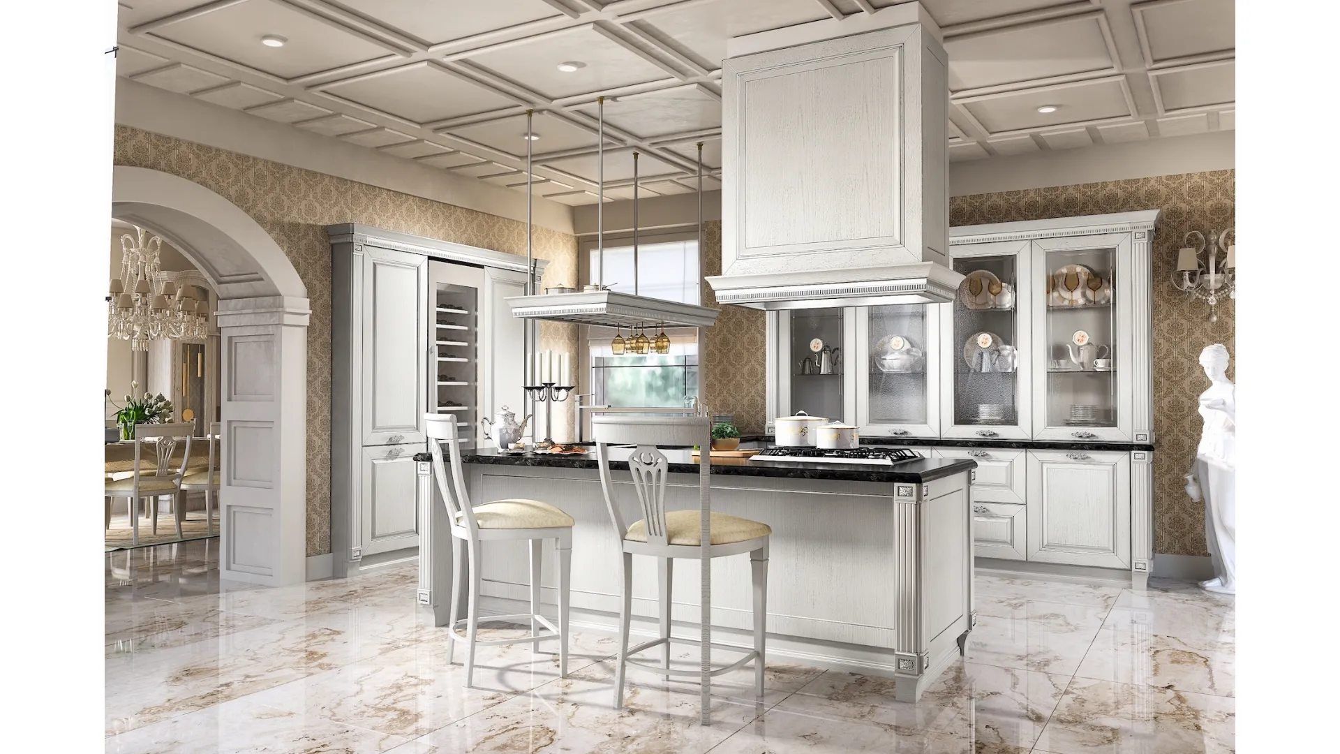 Cucina Classica con penisola Imperial 03 in impiallacciato Frassino finitura Bianco Argento di Home Cucine