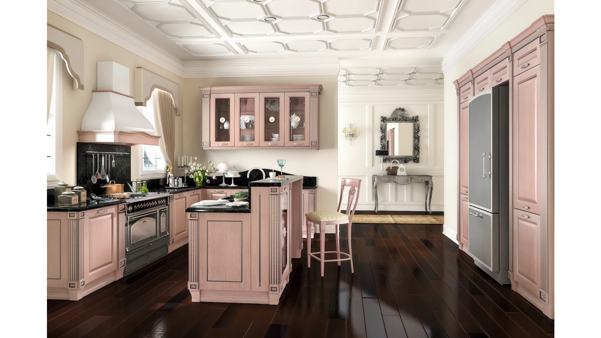 Cucina Classica con isola Imperial 05 in impiallacciato Frassino finitura Rosa Argento di Home Cucine