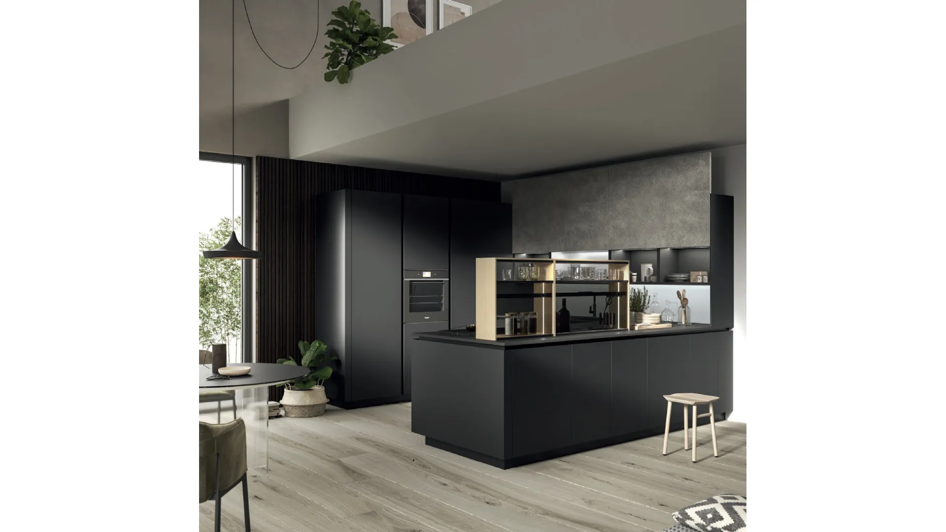 Cucina Design con penisola Link in laccato Nero di Snaidero