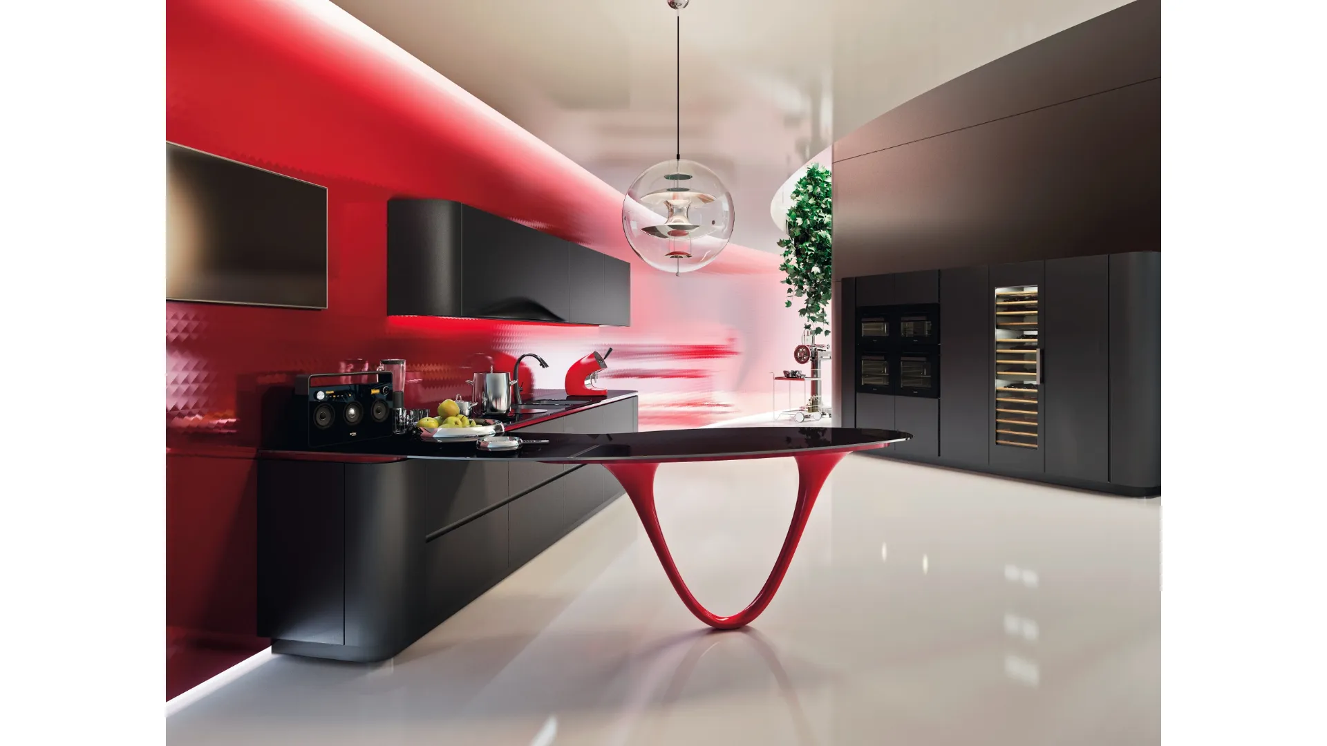 Cucina Design con penisola Ola Black in laccato nero e rosso di Snaidero