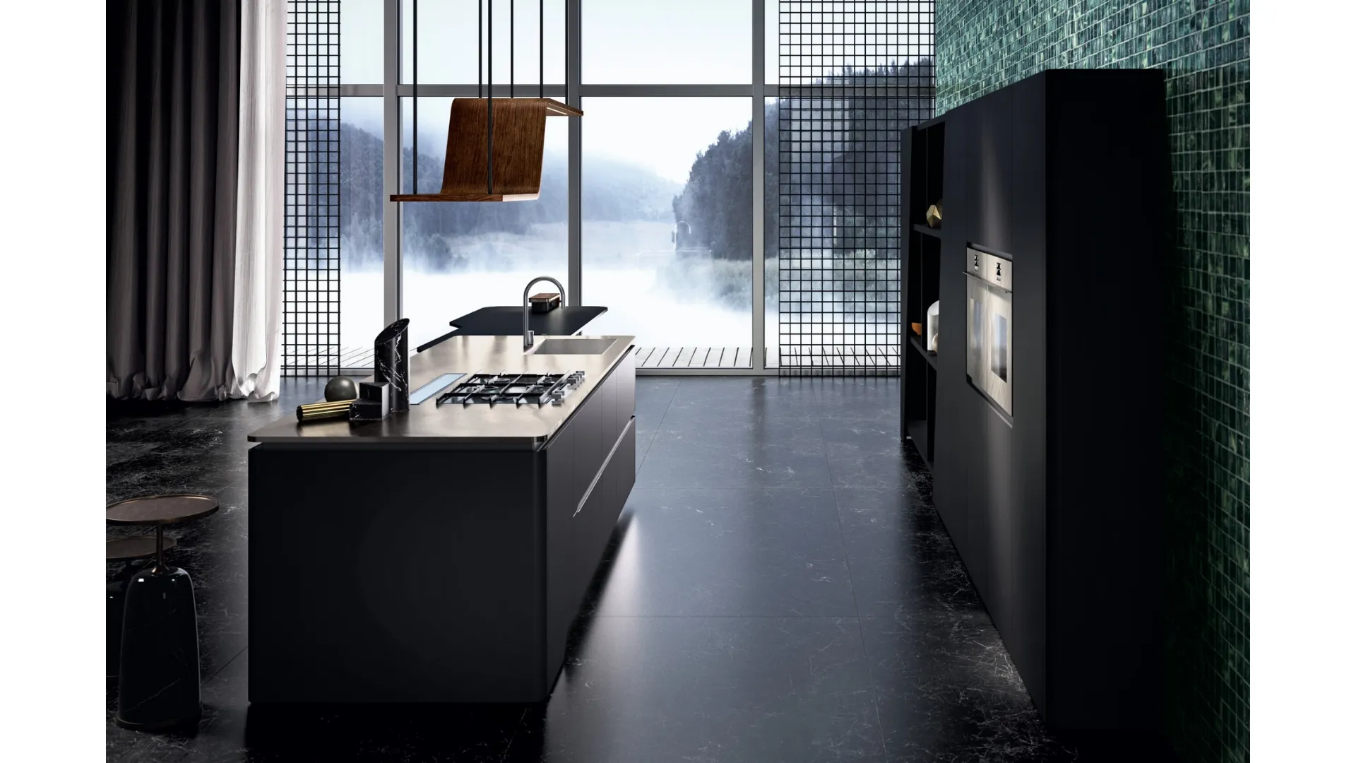 Cucina Design con isola Vision 01 in laccato nero di Snaidero