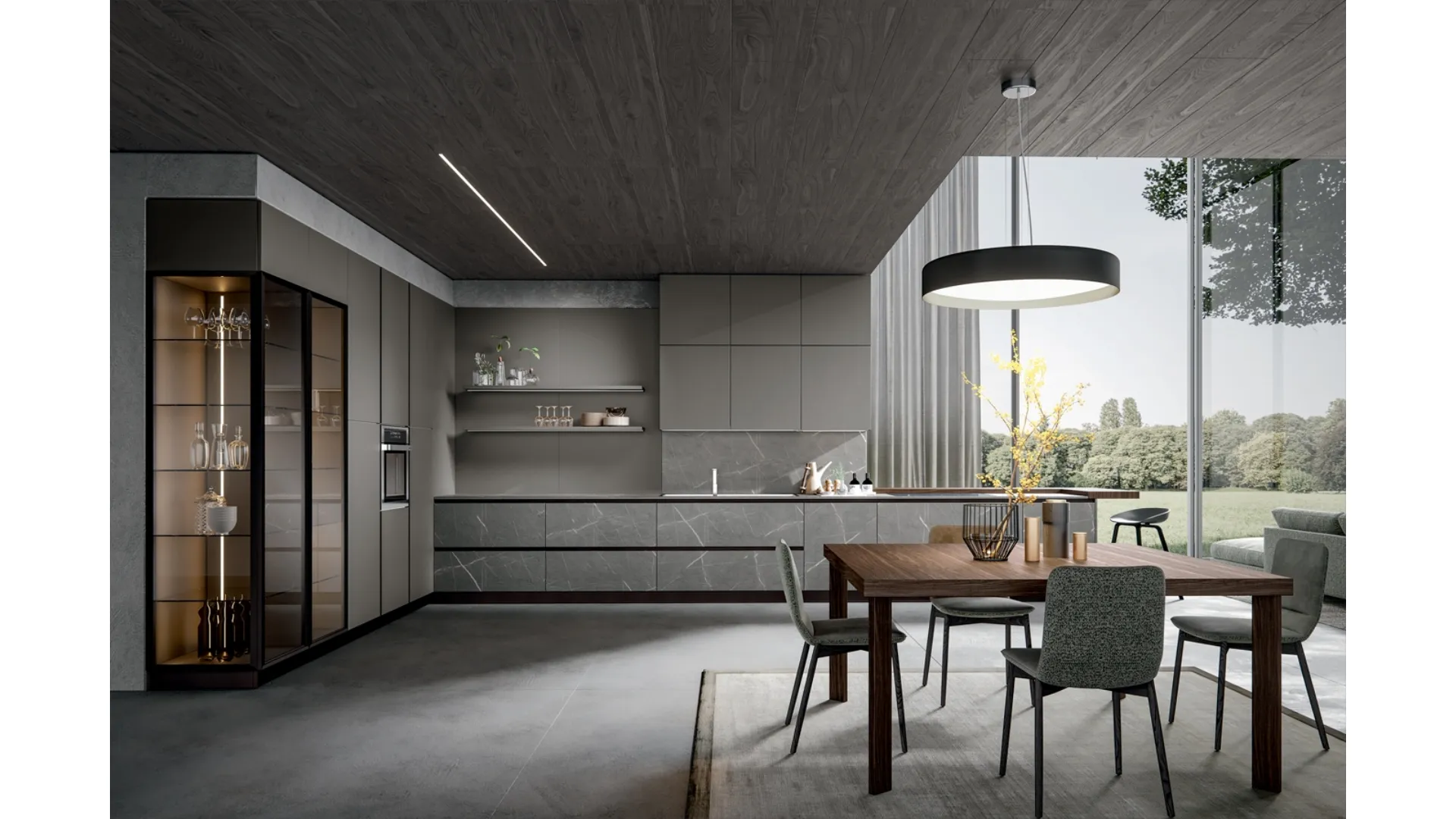 Cucina Moderna con penisola Aura 04 in melaminico e vetro di Home Cucine