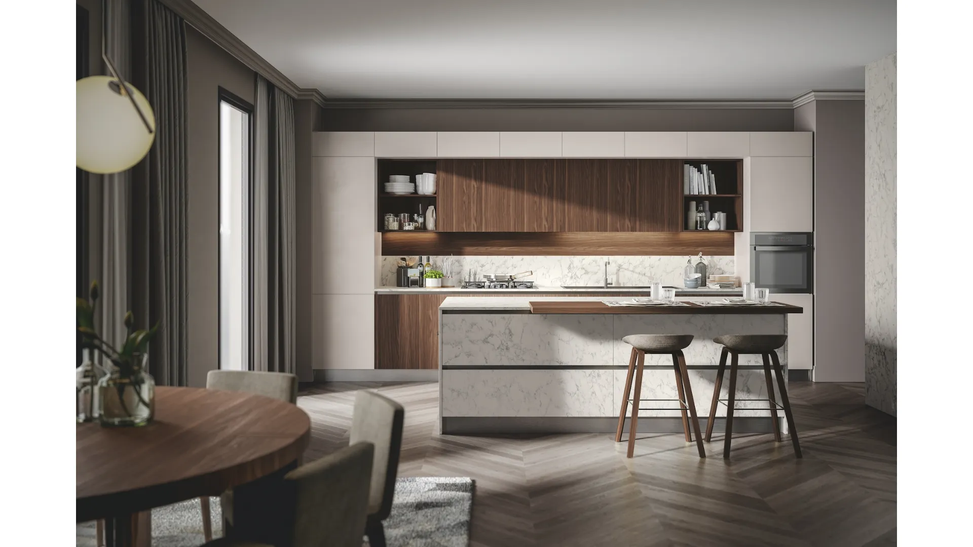 Cucina Moderna con isola Genesi 06 in melaminico e Pet laccato opaco di Home Cucine