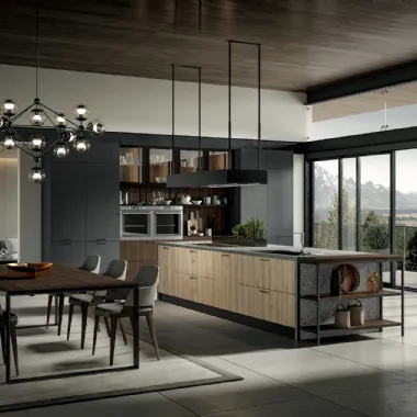 Cucina Moderna con isola Genesi 17 in melaminico finitura Lava, Nordico e Bruno di Home Cucine