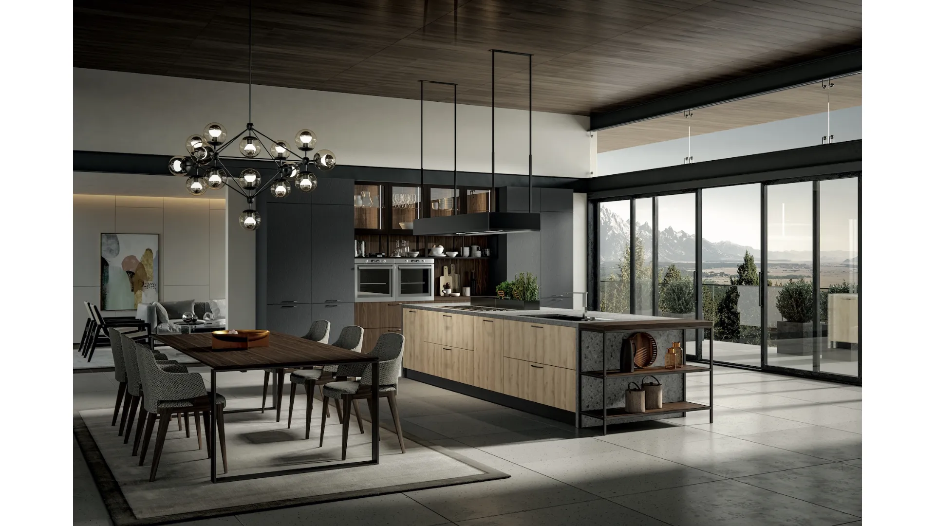 Cucina Moderna con isola Genesi 17 in melaminico finitura Lava, Nordico e Bruno di Home Cucine