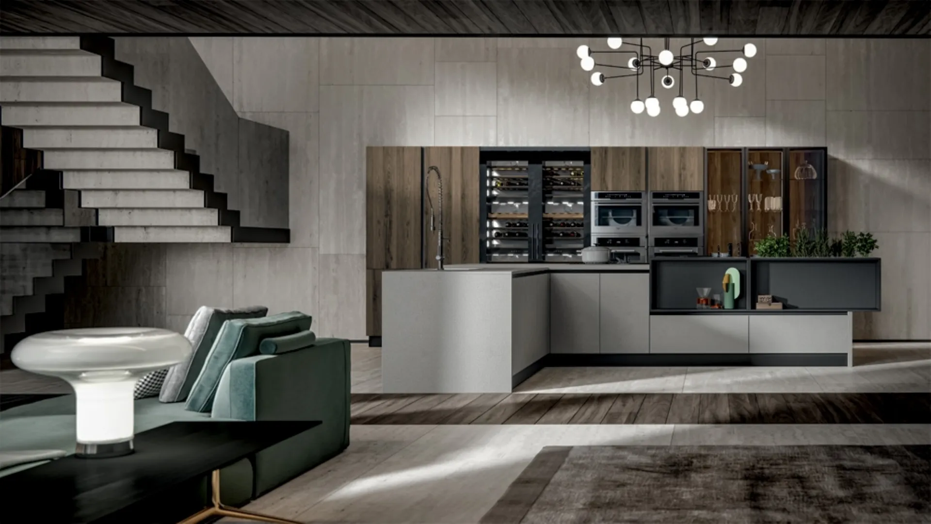 Cucina Moderna con isola Genesi 10 in melaminico finitura Notturno e Rioplata di Home Cucine