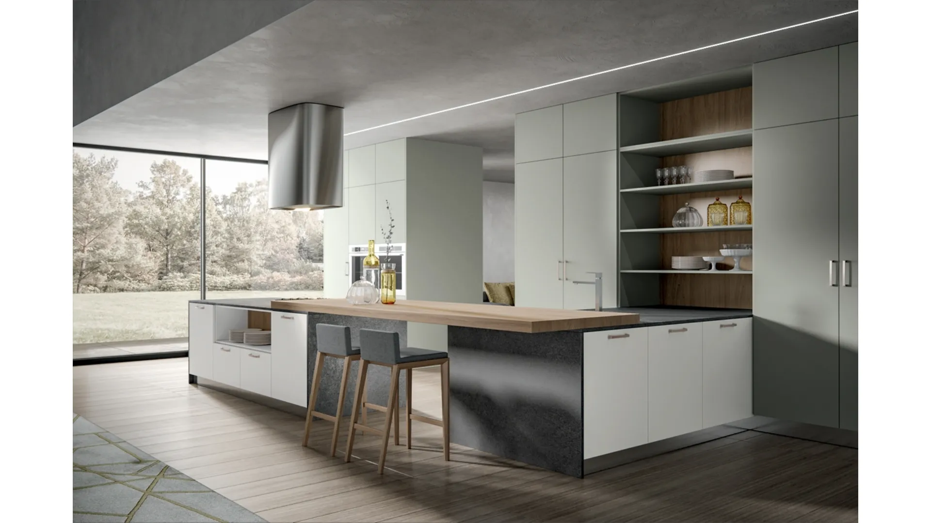 Cucina Moderna con penisola Klee 07 in laccato opaco con top in laminato di Home Cucine