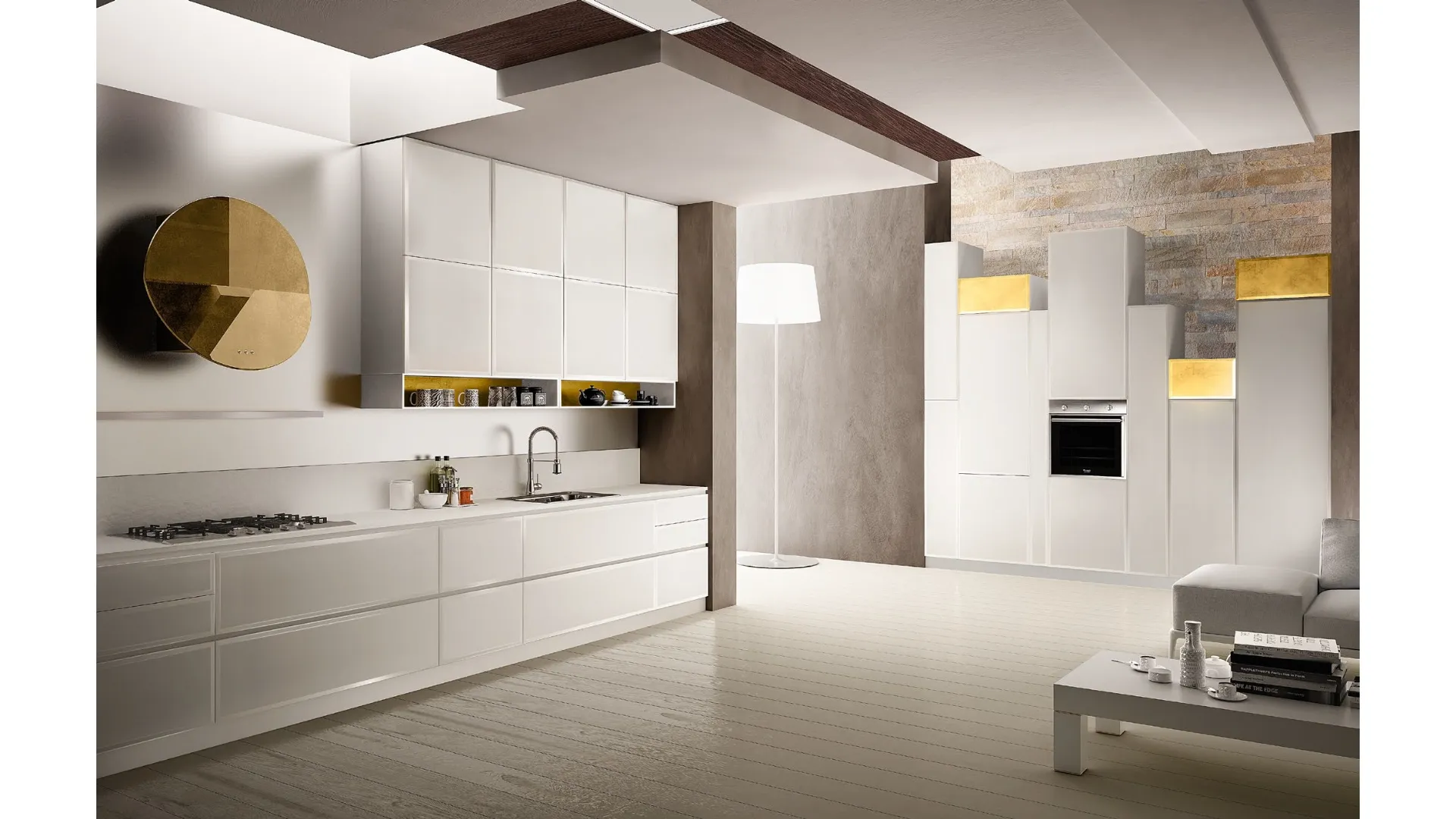 Cucina Moderna in vetro molato Bianco opaco con particolari in finitura oro Murano di Le Cucine dei Mastri