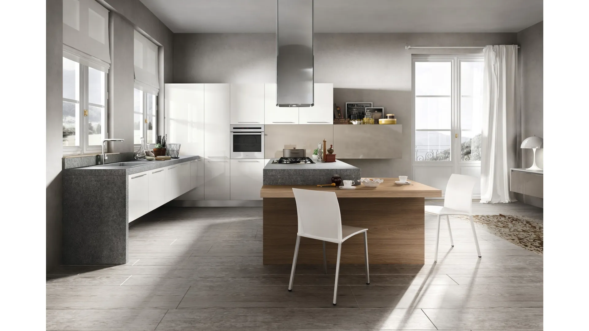 Cucina Moderna con isola Reflexa 03 in laminato con top finitura Roccia e tavolato Olmo di Home Cucine