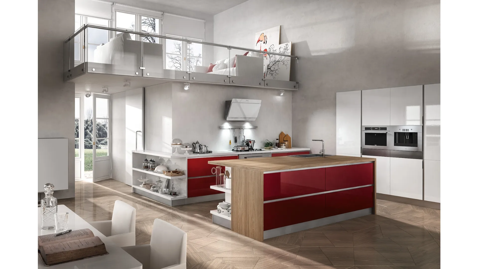 Cucina Moderna con isola Reflexa 06 in laminato Bordeaux e Bianco con top in tavolato Olmo e finitura Ghiaccio di Home Cucine