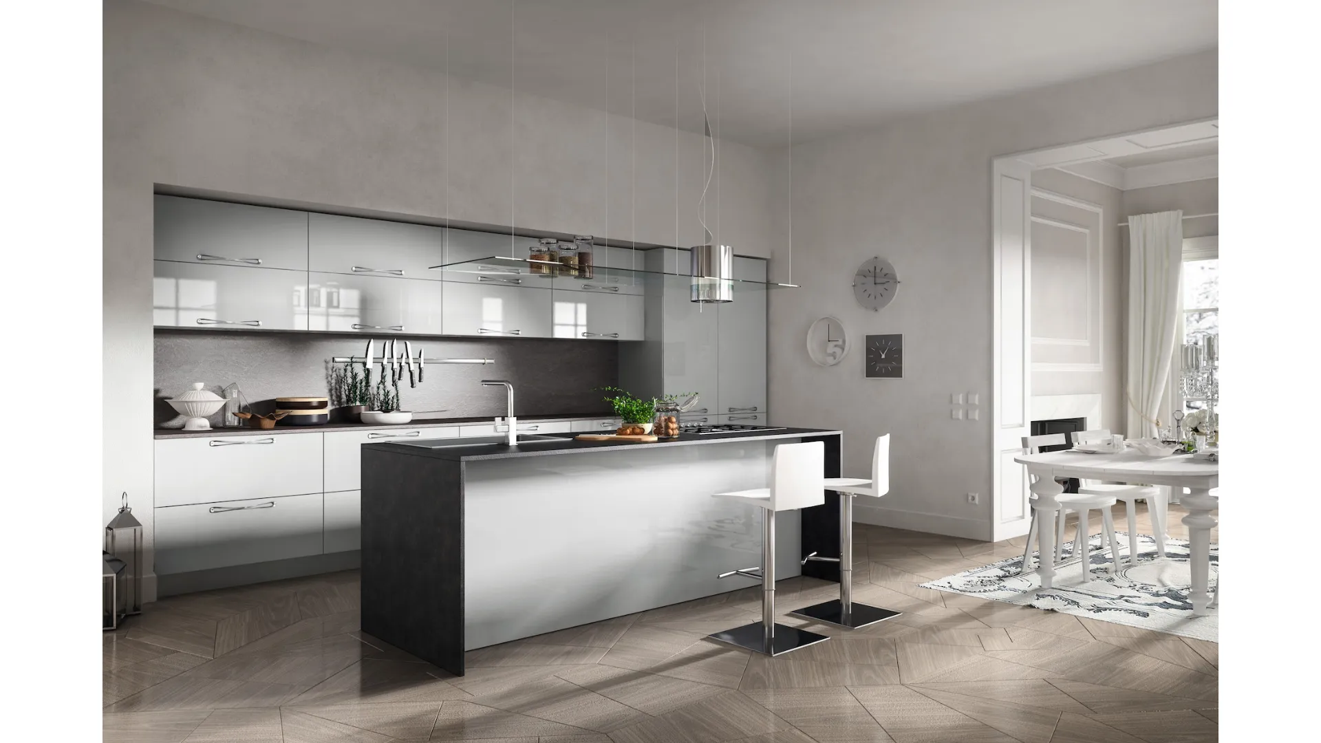 Cucina Moderna con isola Reflexa 07 in laminato Titanio con top finitura  Black Rock di Home Cucine